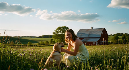 Beautiful young woman with her dog in a field at sunset.の素材