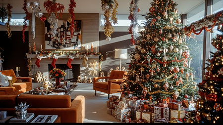 Christmas tree and gifts in the living room of a luxury house.の素材