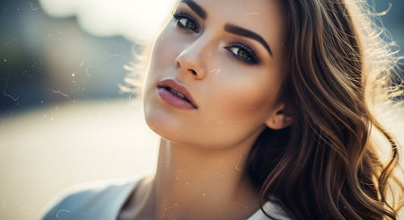 Outdoor portrait of beautiful young woman with makeup in fashion clothes posing on street.の素材