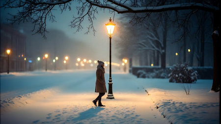 Woman walking in winter city park at night with street light. 3D renderingの素材