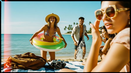 Group of young people having fun on the beach. Summer vacation.の素材