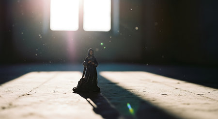 Virgin Mary statue in the dark. Selective focus. Blurred backgroundの素材