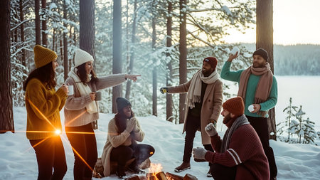 Group of friends having fun in winter forest. Young men and women in warm clothes standing near bonfire and talking.の素材