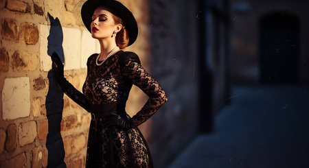 Fashion shot of a beautiful young woman in black dress and hat posing outdoor.の素材