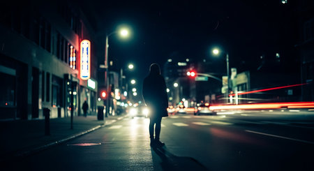 Silhouette of a woman walking on the street at night.の素材