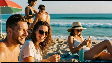 Group of friends taking selfie by mobile phone on the beach in summerの素材