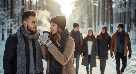 Young couple with hot drink in the winter forest. Couple in love in the winter forest.の素材
