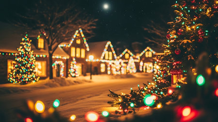 Christmas and New Year holiday background. Christmas tree decorated with colorful lights bokeh.の素材