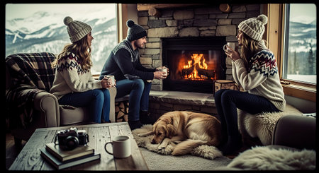 Couple in warm clothing sitting by the fireplace at home, drinking coffee and talkingの素材