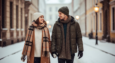 love, season, friendship and people concept - smiling couple in winter clothes walking on city streetの素材