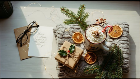 Cup of hot chocolate with whipped cream, christmas decorations and gifts on a wooden tableの素材