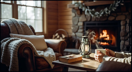 Woman with cup of coffee near fireplace in cozy living room at homeの素材