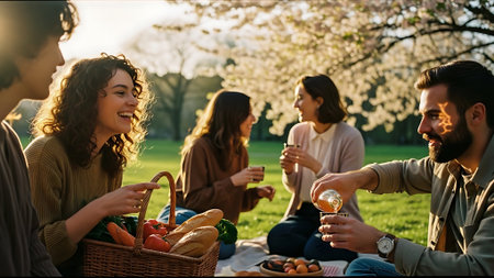 Group of friends having picnic in the park on a sunny day.の素材