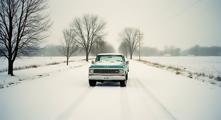 Old american car on snowy road in winter. Retro car.の素材