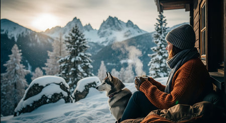 A woman in a warm sweater sits on the windowsill with a dog husky in the mountains.の素材