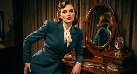 Portrait of a beautiful young woman in a classic blue suit posing near a mirror. Retro style.の素材