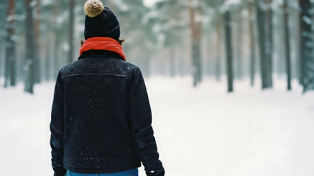 Back view of young woman in winter jacket and hat walking in snowy forestの素材