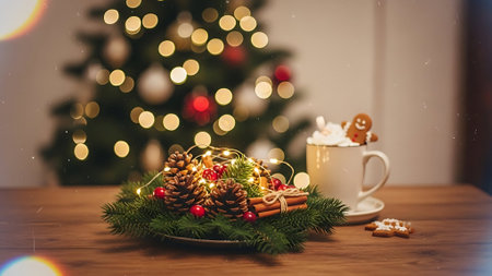 Cup of hot cocoa with marshmallows and gingerbread cookies on christmas tree backgroundの素材