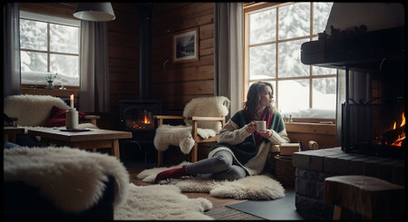 Young woman sitting on the floor in front of a fireplace and reading a bookの素材