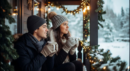 Couple in winter clothes sitting on the windowsill and drinking coffeeの素材