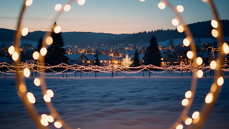 Christmas lights on the background of a village in the Carpathiansの素材