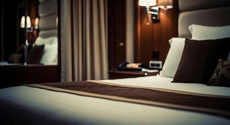 Luxury hotel bedroom interior with a bed and pillows.の素材