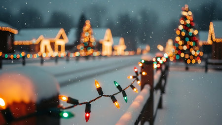 Christmas lights on the background of a winter village. Christmas and New Year concept.の素材