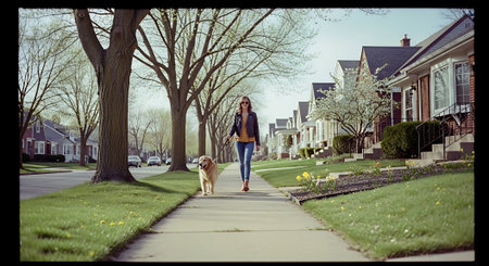 Young woman walking with her dog in the street of a small townの素材
