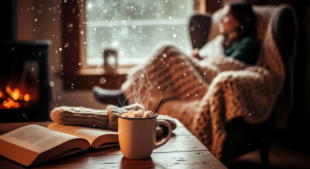 Cup of hot chocolate with marshmallows and book on the table in front of the fireplaceの素材