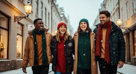 happy multicultural friends in winter clothes looking at camera while walking on streetの素材