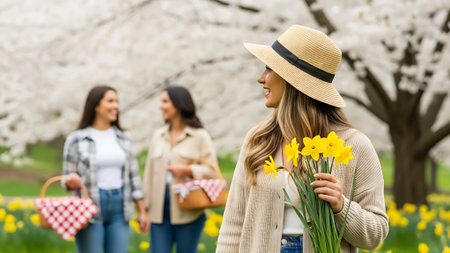 Three women in the park with a bouquet of daffodilsの素材