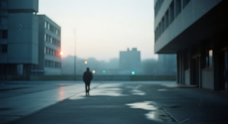 Blurred image of a man walking in the city at sunset.の素材