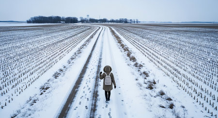 A woman walking on a snowy road through a field of winter cropsの素材