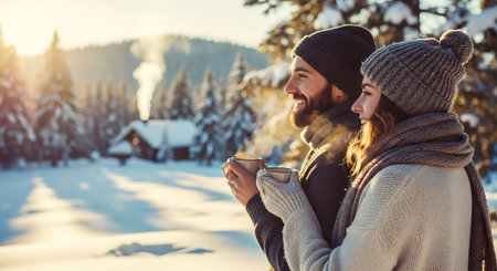 Happy young couple drinking coffee in winter forest. Man and woman in warm clothes holding cup of hot drink and smiling.の素材