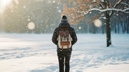 Young man walking in the park in winter with snowflakes.の素材