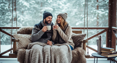 Couple in warm clothes drinking coffee on the terrace in winter.の素材