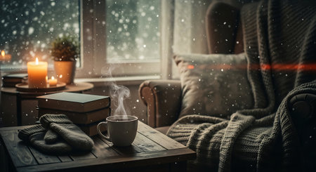 Cup of hot coffee on the windowsill in the winter.の素材