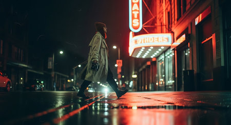 A young man in a raincoat is walking along a city street at night.の素材