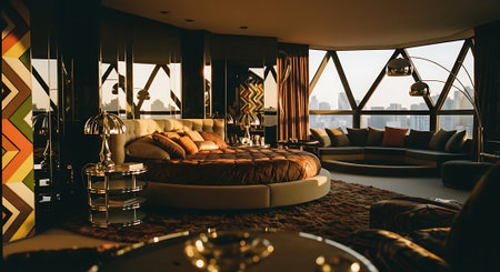 Interior of luxury living room with sofa, coffee table and panoramic window with city viewの素材