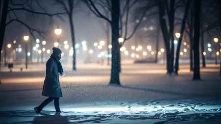 Young woman walking in snowy park at night with lanterns on backgroundの素材
