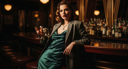 Portrait of a beautiful woman in a green dress with a glass of champagneの素材