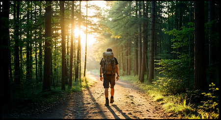 Back view of young man with backpack walking in the forest at sunsetの素材