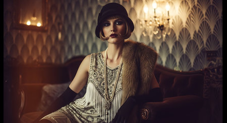 Portrait of a beautiful fashionable woman in a vintage interior. Retro style.の素材