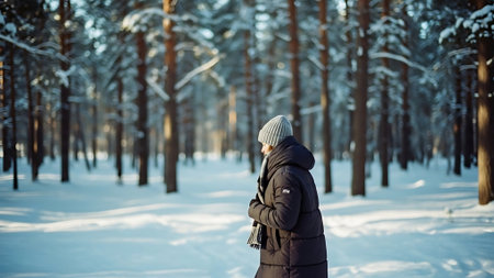 Young woman walking in winter forest. Back view of young woman in winter forest.の素材