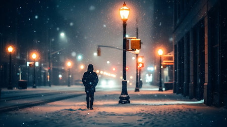 Man in winter city at night with street lamp and snowfall.の素材