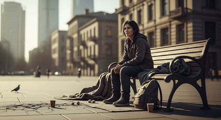 Young man sitting on a bench in the middle of the city.の素材