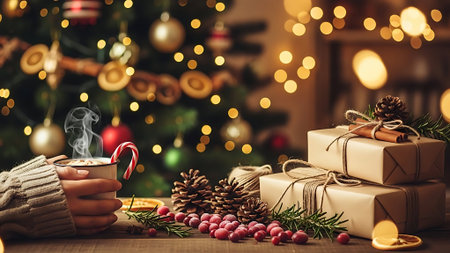 Woman holding cup of hot chocolate and Christmas gifts on wooden table near Christmas treeの素材