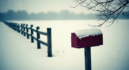 Winter landscape with snow covered wooden fence and mailbox, retro tonedの素材