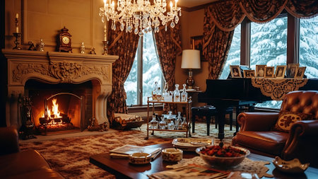 Luxury living room interior with fireplace and armchair. Vintage style.の素材