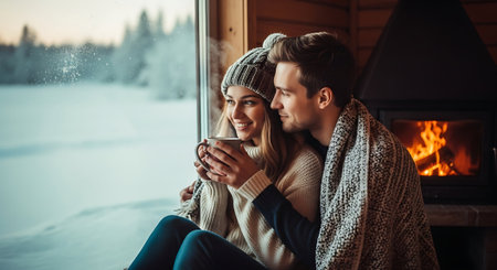 Beautiful young couple sitting on the windowsill and drinking hot tea or coffee in winter.の素材